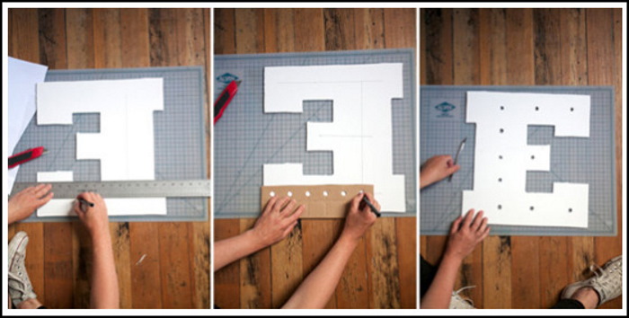 Volumetrische Buchstaben zum Selbermachen aus Pappe, Servietten und Schaumstoff. Vorlagendiagramme