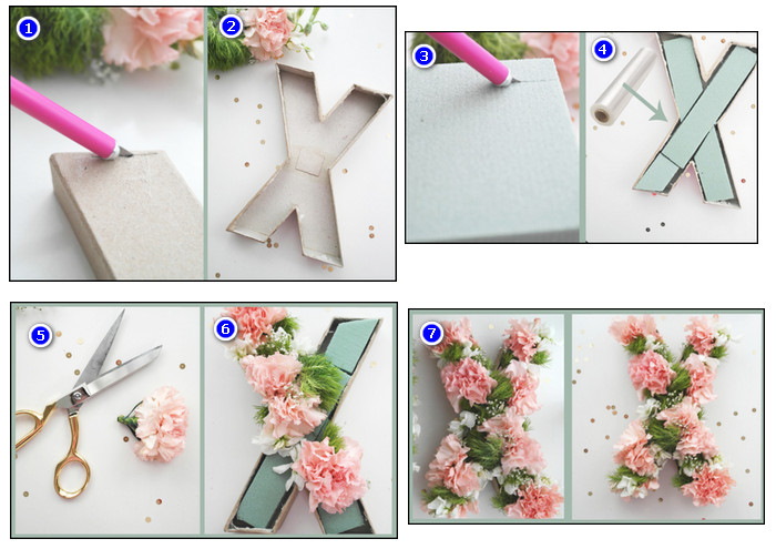 Volumetrische Buchstaben aus Pappe und Blumen zum Selbermachen