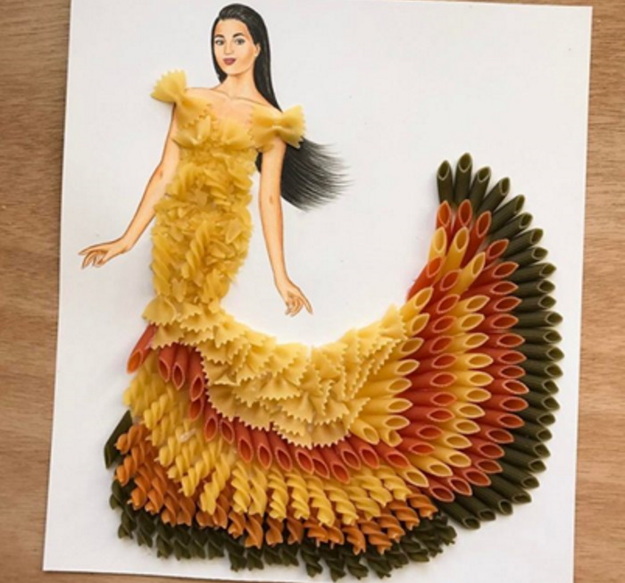 Bilder aus Getreide und Samen in Handarbeit hergestellt. Prinzessinnenkleid aus Pasta