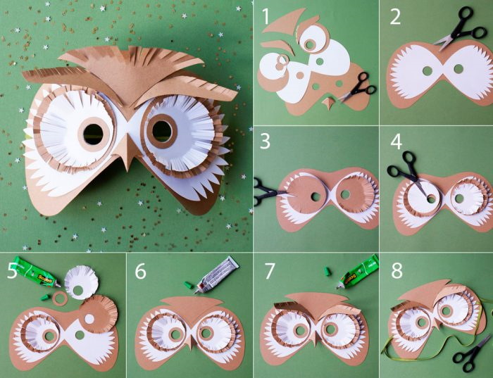 DIY-Papiermaske für Kinder. Eule