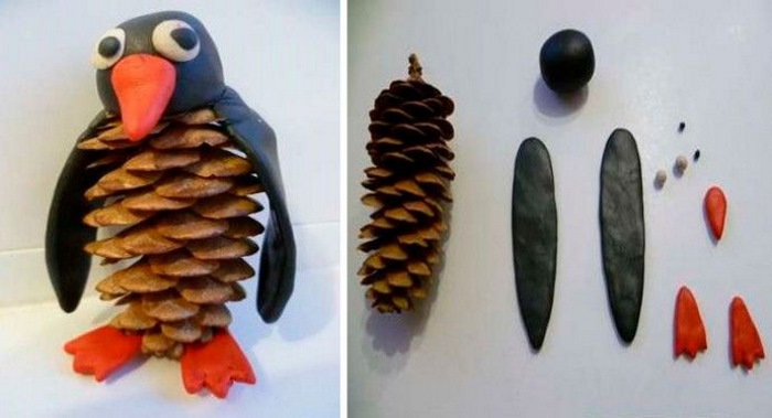 Basteln aus Tannenzapfen für Kinder. Pinguin