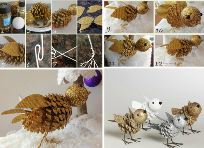 Basteln aus Tannenzapfen für Kinder. Vögel