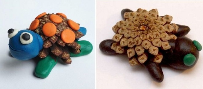 Basteln aus Tannenzapfen für Kinder. Schildkröte
