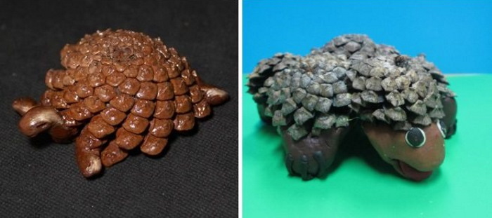 Basteln aus Tannenzapfen für Kinder. Schildkröte