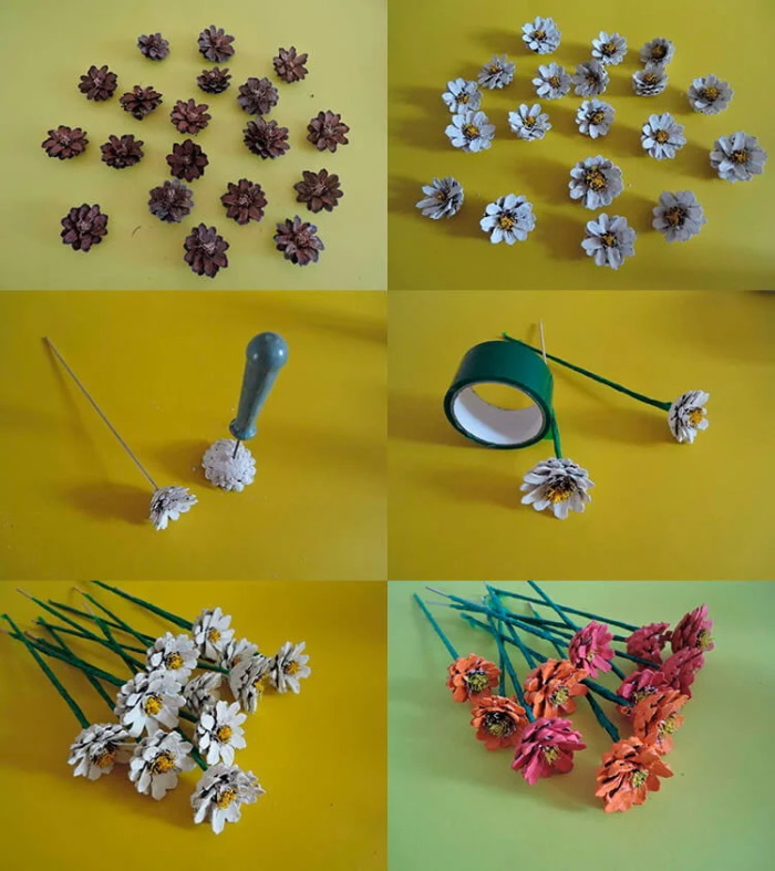 Basteln aus Tannenzapfen für Kinder. Blume