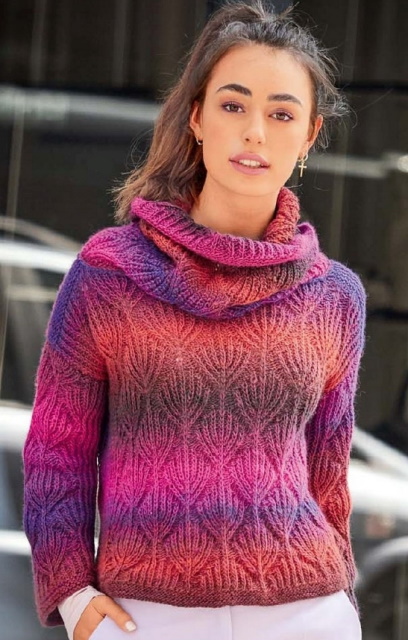 Damen-Jugendpullover, mit großen Stricknadeln aus dickem Garn gestrickt. Schemata