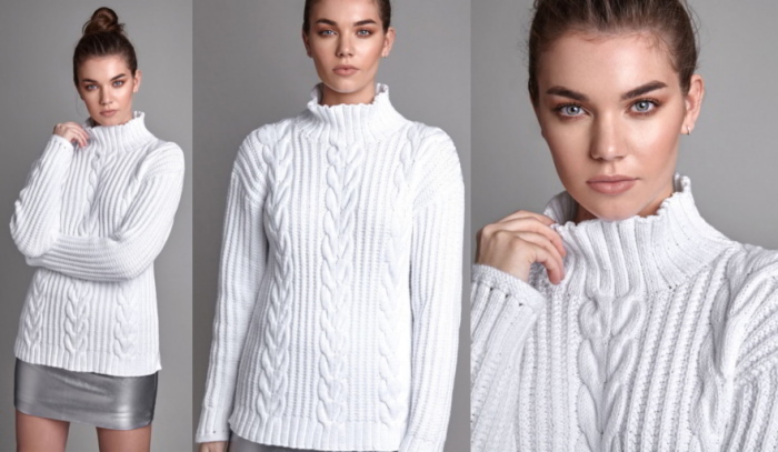 Damen-Jugendpullover, mit großen Stricknadeln aus dickem Garn gestrickt. Schemata