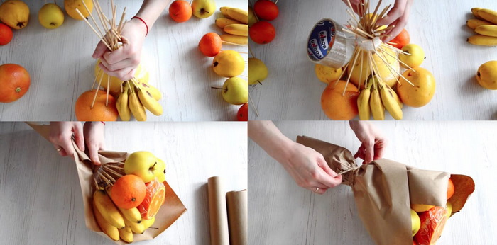 Ein Obststrauß wird auf die gleiche Weise verpackt wie ein normaler Blumenstrauß.