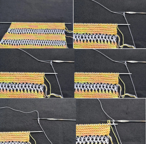 Solomons Loop-Häkelarbeit. Wie man einen Schal, ein Tuch oder einen Baktus strickt. Schemata