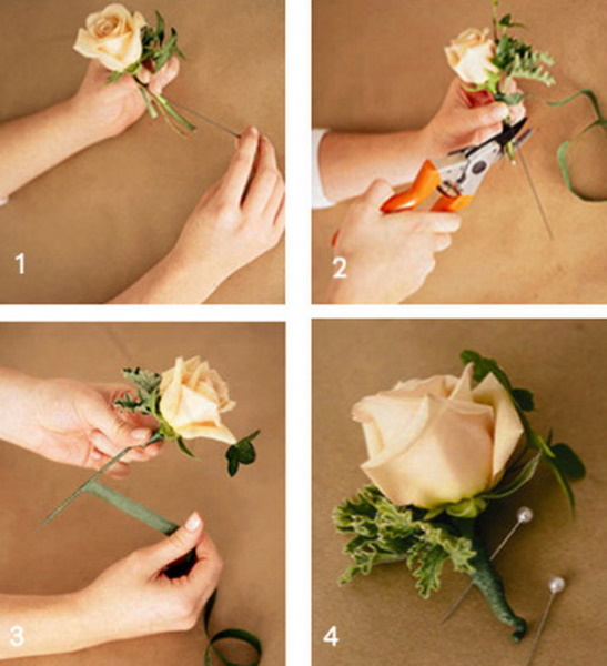 DIY Boutonniere für den Bräutigam, Hochzeitsgäste aus Blumen, Satinbändern, Foamiran