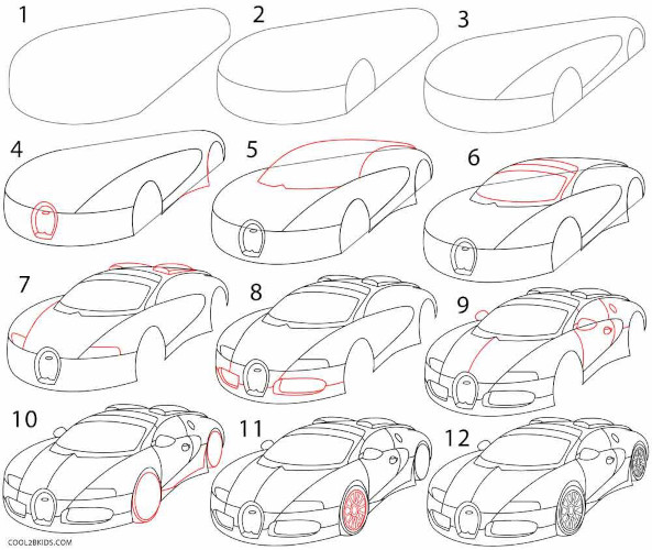Wie man Bugatti Veyron, Divo, Chiron mit einem Bleistift zeichnet