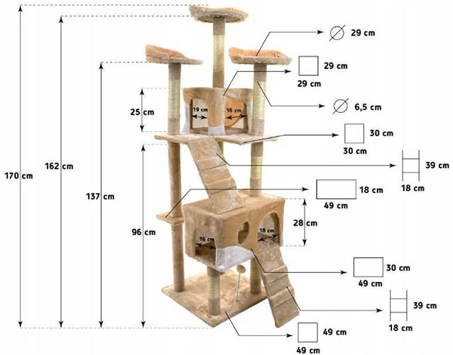 Selbstbaubarer Spielkomplex für Katzen mit Kratzbaum. Zeichnungen