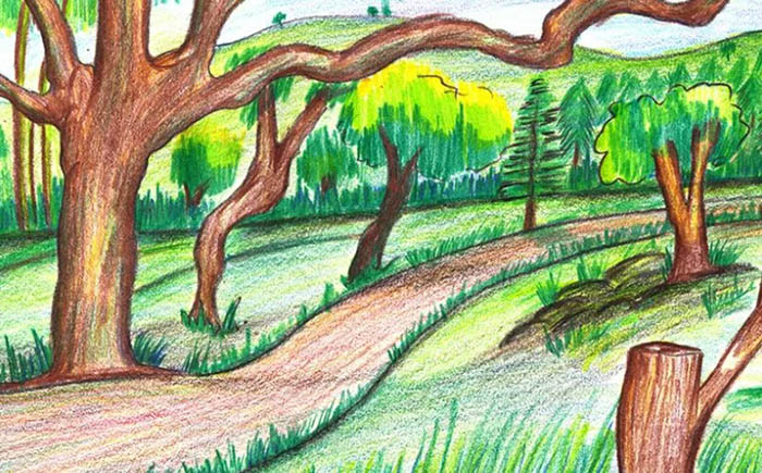 Wie man einen Wald mit Gouache, Farben, Bleistift in der Ferne zeichnet
