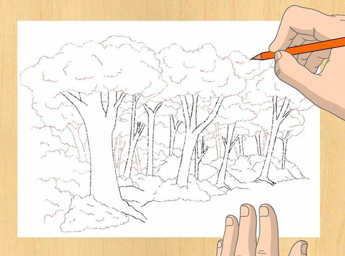 Wie man einen Wald mit Gouache, Farben, Bleistift in der Ferne zeichnet