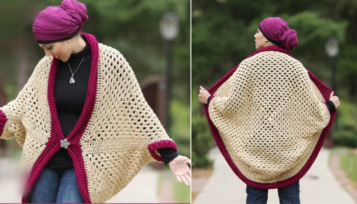 Mit Nadeln gestrickte Cocoon-Strickjacke. Muster und Beschreibung für Anfänger aus Rechteck, Zöpfen, Mohair