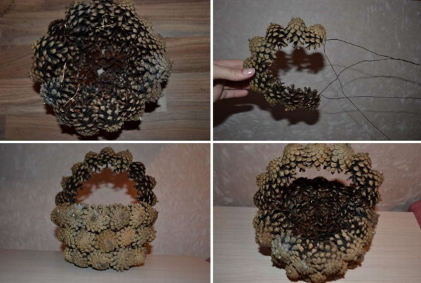 Korb mit Tannenzapfen. Wie man Schritt für Schritt aus Kiefernholz macht, Foto