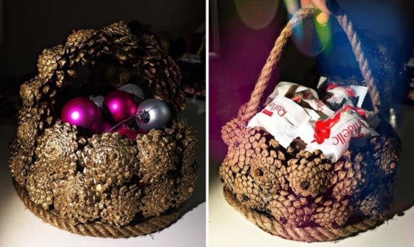 Korb mit Tannenzapfen. Wie man Schritt für Schritt aus Kiefernholz macht, Foto