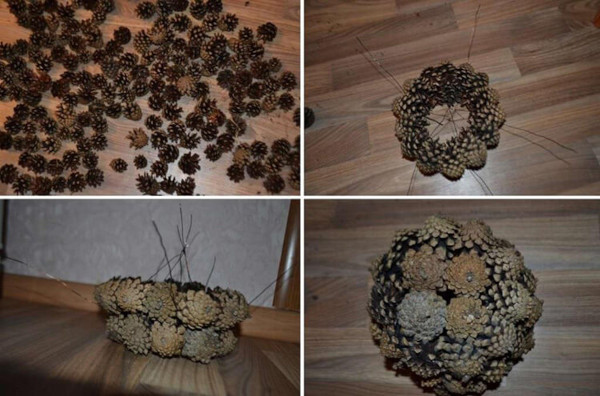 Korb mit Tannenzapfen. Wie man Schritt für Schritt aus Kiefernholz macht, Foto