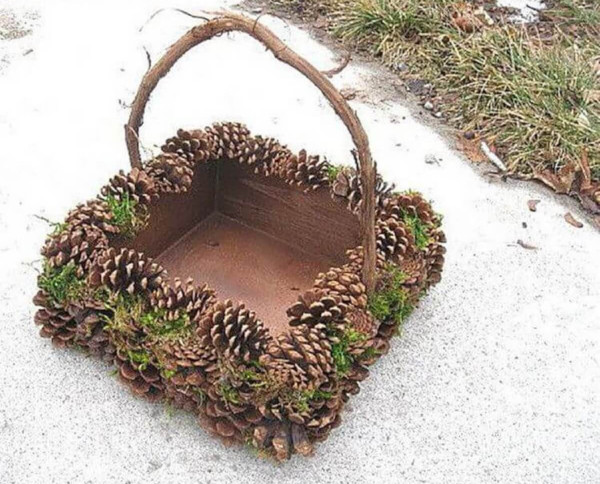 Korb mit Tannenzapfen. Wie man Schritt für Schritt aus Kiefernholz macht, Foto