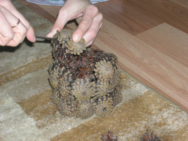 Korb mit Tannenzapfen. Wie man Schritt für Schritt aus Kiefernholz macht, Foto