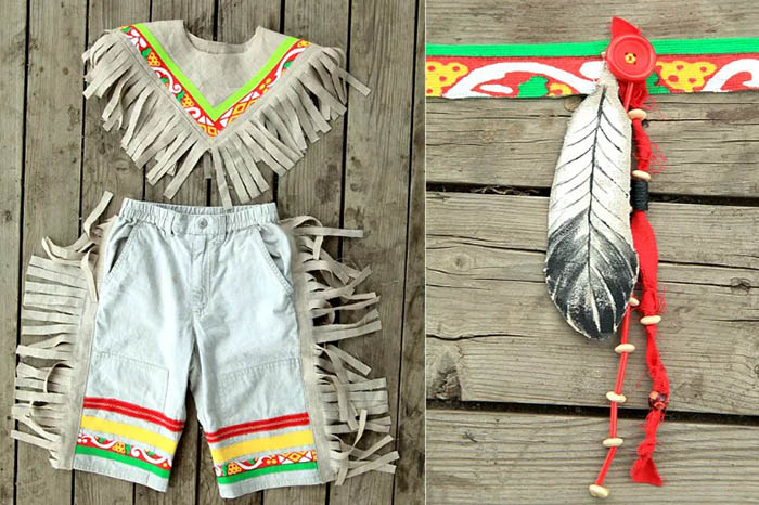 Indianerkostüm für einen Jungen oder ein Mädchen, handgefertigt. Kopfschmuck