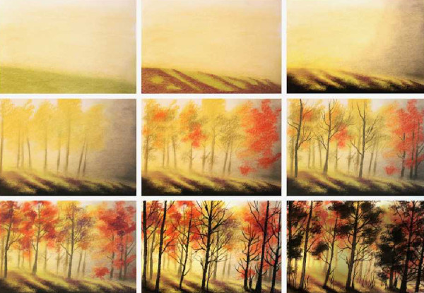 Landschaftszeichnung mit Bleistift, Aquarell, Gouache, Farben