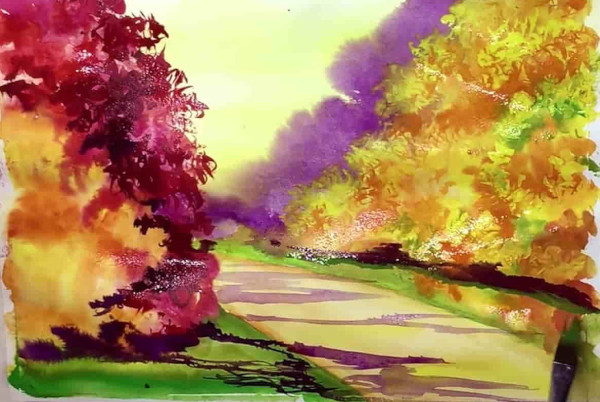 Landschaftszeichnung mit Bleistift, Aquarell, Gouache, Farben
