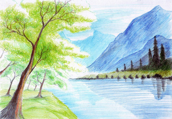 Landschaftszeichnung mit Bleistift, Aquarell, Gouache, Farben
