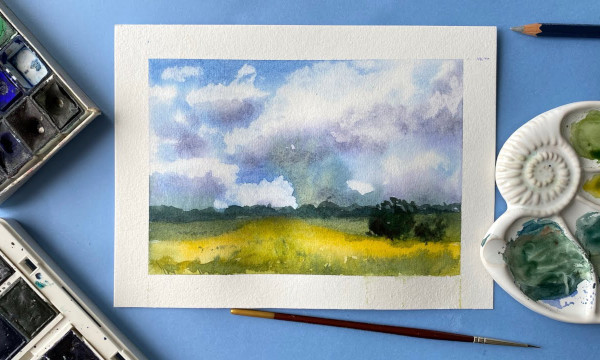 Landschaftszeichnung mit Bleistift, Aquarell, Gouache, Farben
