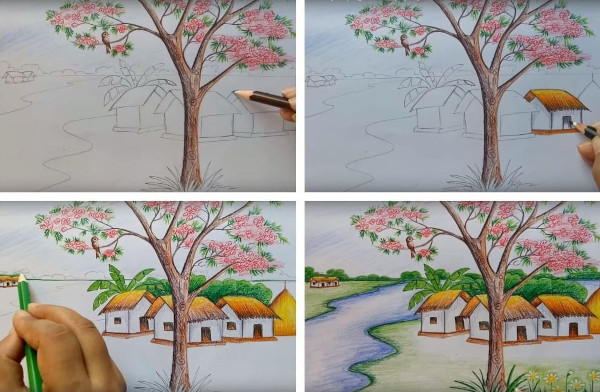 Landschaftszeichnung mit Bleistift, Aquarell, Gouache, Farben