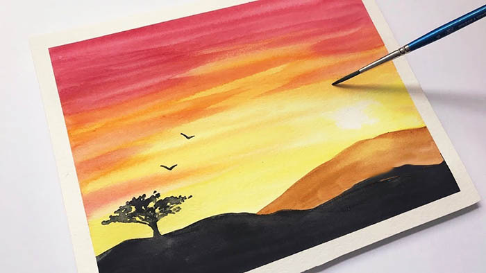 Sonnenuntergang in Farben für Anfänger, Kinder. Zeichnen Schritt für Schritt