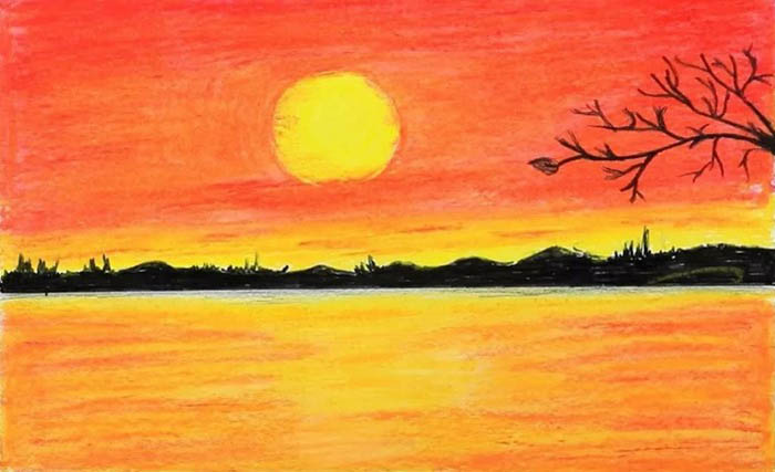 Sonnenuntergang in Farben für Anfänger, Kinder. Zeichnen Schritt für Schritt