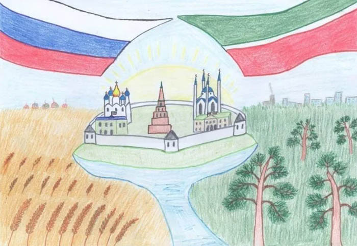 Patriotische Kinder-Bleistiftzeichnung zu einem patriotischen Thema