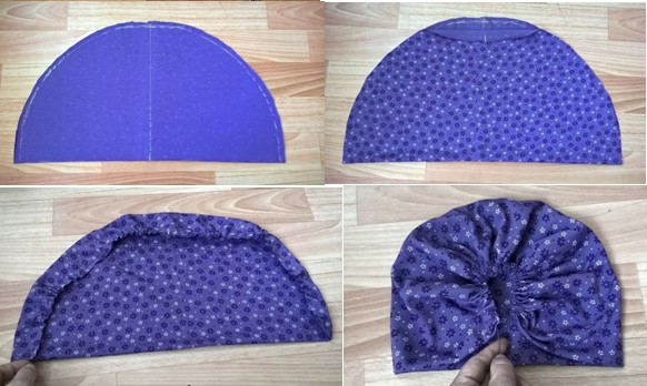 Ein Turban auf dem Kopf einer Frau. Muster, wie man mit eigenen Händen näht