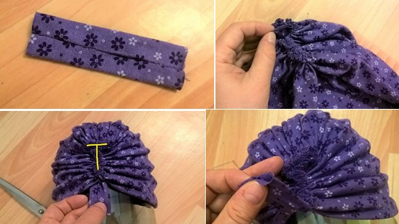 Ein Turban auf dem Kopf einer Frau. Muster, wie man mit eigenen Händen näht