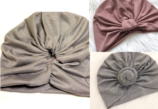 Ein Turban auf dem Kopf einer Frau. Muster, wie man mit eigenen Händen näht