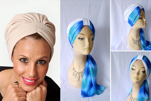 Ein Turban auf dem Kopf einer Frau. Muster, wie man mit eigenen Händen näht
