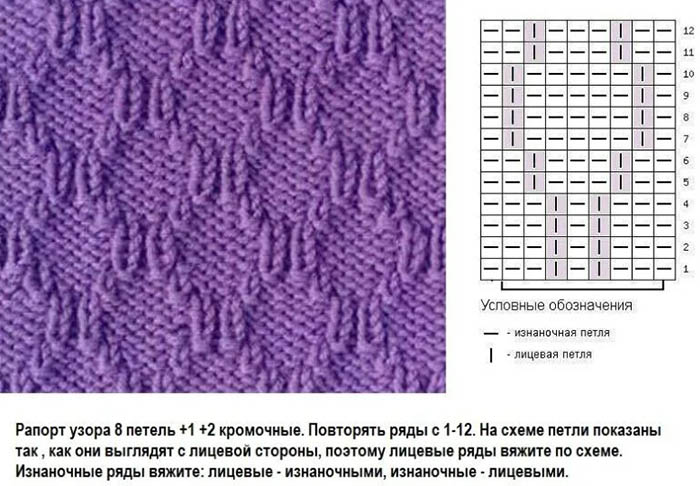 Strickanleitung "Rhombus". Muster und Beschreibungen für Anfänger mit Gesichts-, Linksschlaufen, durchbrochen im Kreis