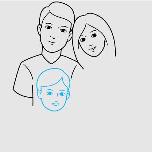 Zeichnung einer Familie von 3-4-5 Personen für ein Kind mit Bleistift