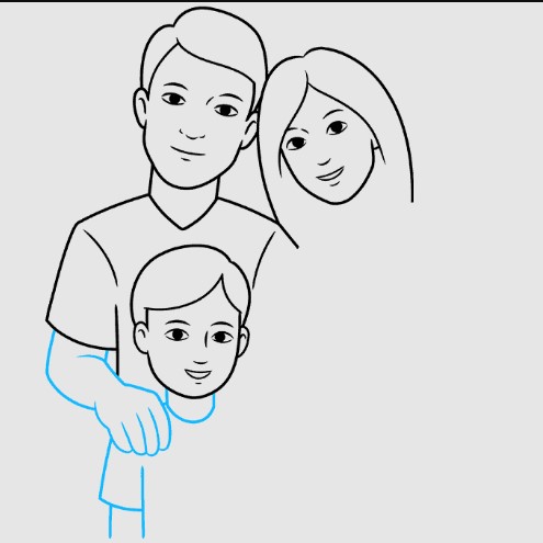 Zeichnung einer Familie von 3-4-5 Personen für ein Kind mit Bleistift