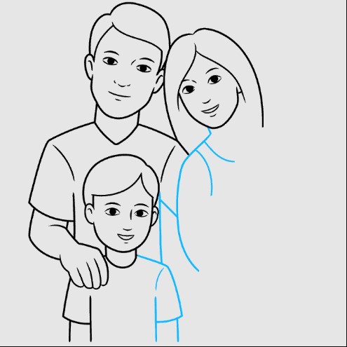 Zeichnung einer Familie von 3-4-5 Personen für ein Kind mit Bleistift