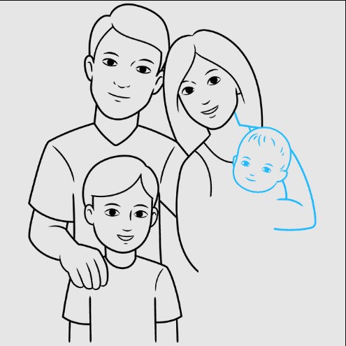 Zeichnung einer Familie von 3-4-5 Personen für ein Kind mit Bleistift