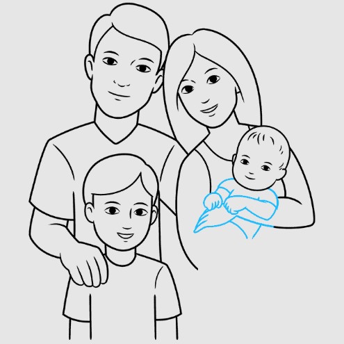 Zeichnung einer Familie von 3-4-5 Personen für ein Kind mit Bleistift