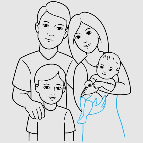 Zeichnung einer Familie von 3-4-5 Personen für ein Kind mit Bleistift