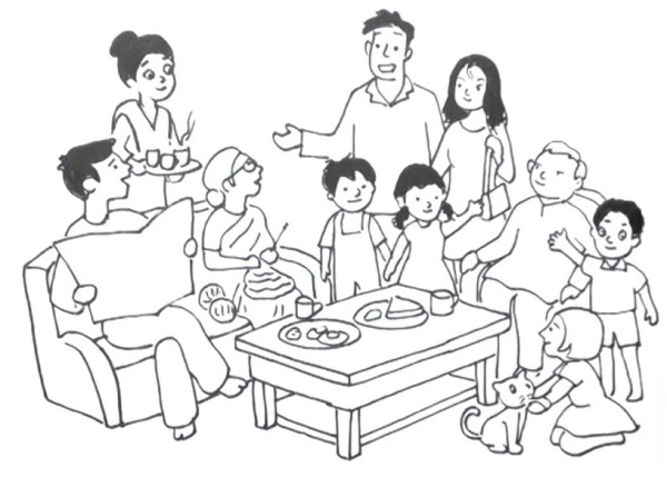 Zeichnung einer Familie von 3-4-5 Personen für ein Kind mit Bleistift