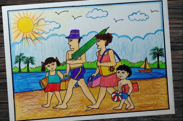 Zeichnung einer Familie von 3-4-5 Personen für ein Kind mit Bleistift