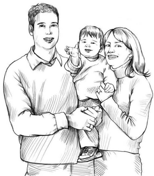 Zeichnung einer Familie von 3-4-5 Personen für ein Kind mit Bleistift