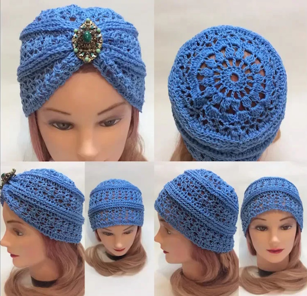 Gehäkelter Turban. Muster und Beschreibung für Anfänger üppig aus Plüsch, dünnem, dickem Garn, Mohair