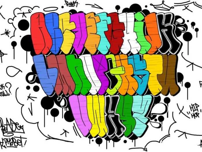 Graffiti-Alphabet in russischer Sprache, 80 Fotos