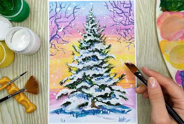 Neujahrsbaumzeichnung mit Farben, Gouache für Kinder